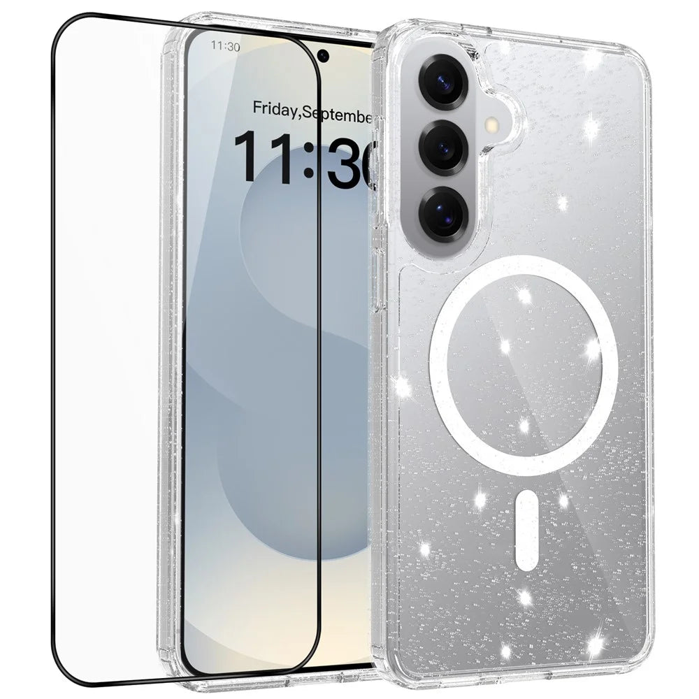 For Samsung Galaxy S26+ Magnetic Case Glitter Powder TPU Scratch-proof Phone Cover with Tempered Glass - Transparent - 1