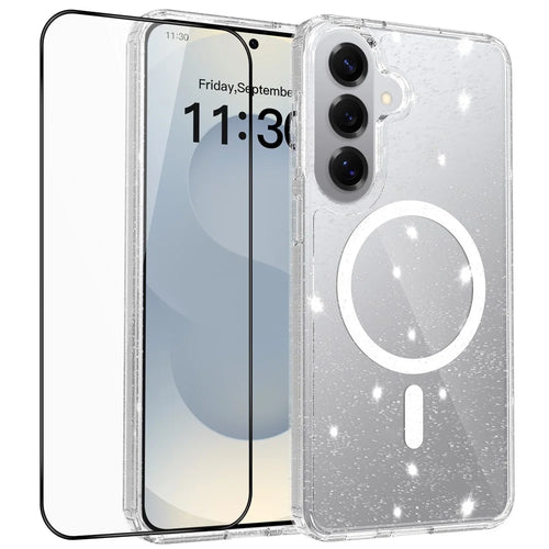 For Samsung Galaxy S26+ Magnetic Case Glitter Powder TPU Scratch-proof Phone Cover with Tempered Glass - Transparent - 1
