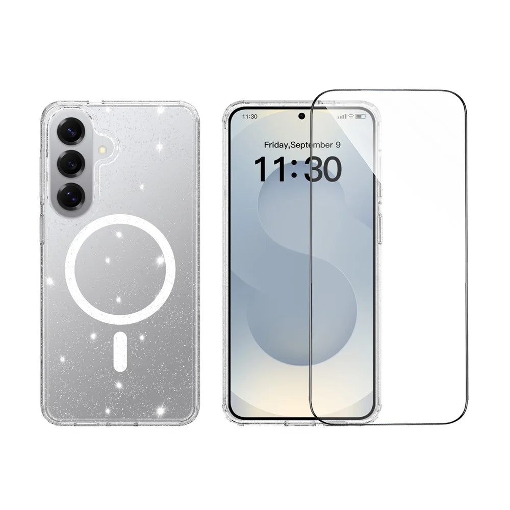 For Samsung Galaxy S26+ Magnetic Case Glitter Powder TPU Scratch-proof Phone Cover with Tempered Glass - Transparent - 2