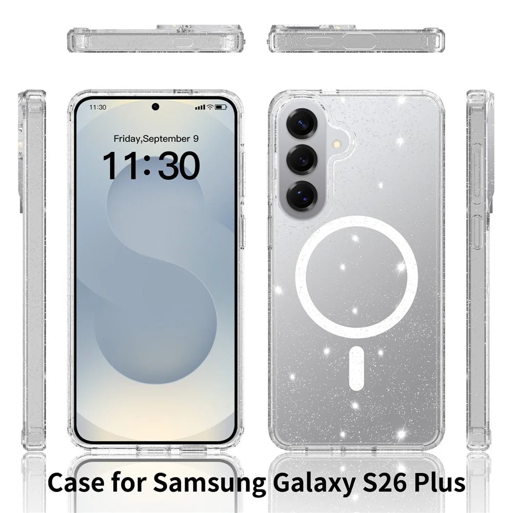 For Samsung Galaxy S26+ Magnetic Case Glitter Powder TPU Scratch-proof Phone Cover with Tempered Glass - Transparent - 3
