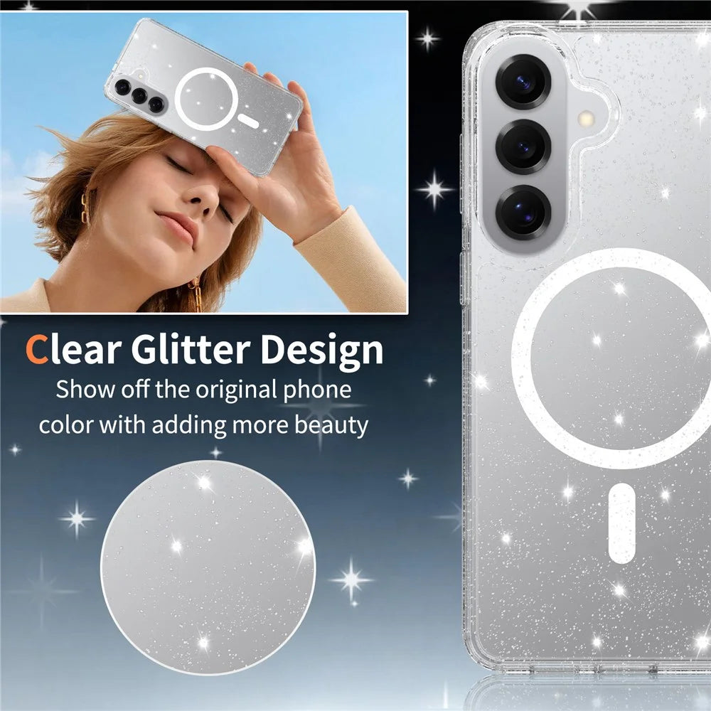 For Samsung Galaxy S26+ Magnetic Case Glitter Powder TPU Scratch-proof Phone Cover with Tempered Glass - Transparent - 4