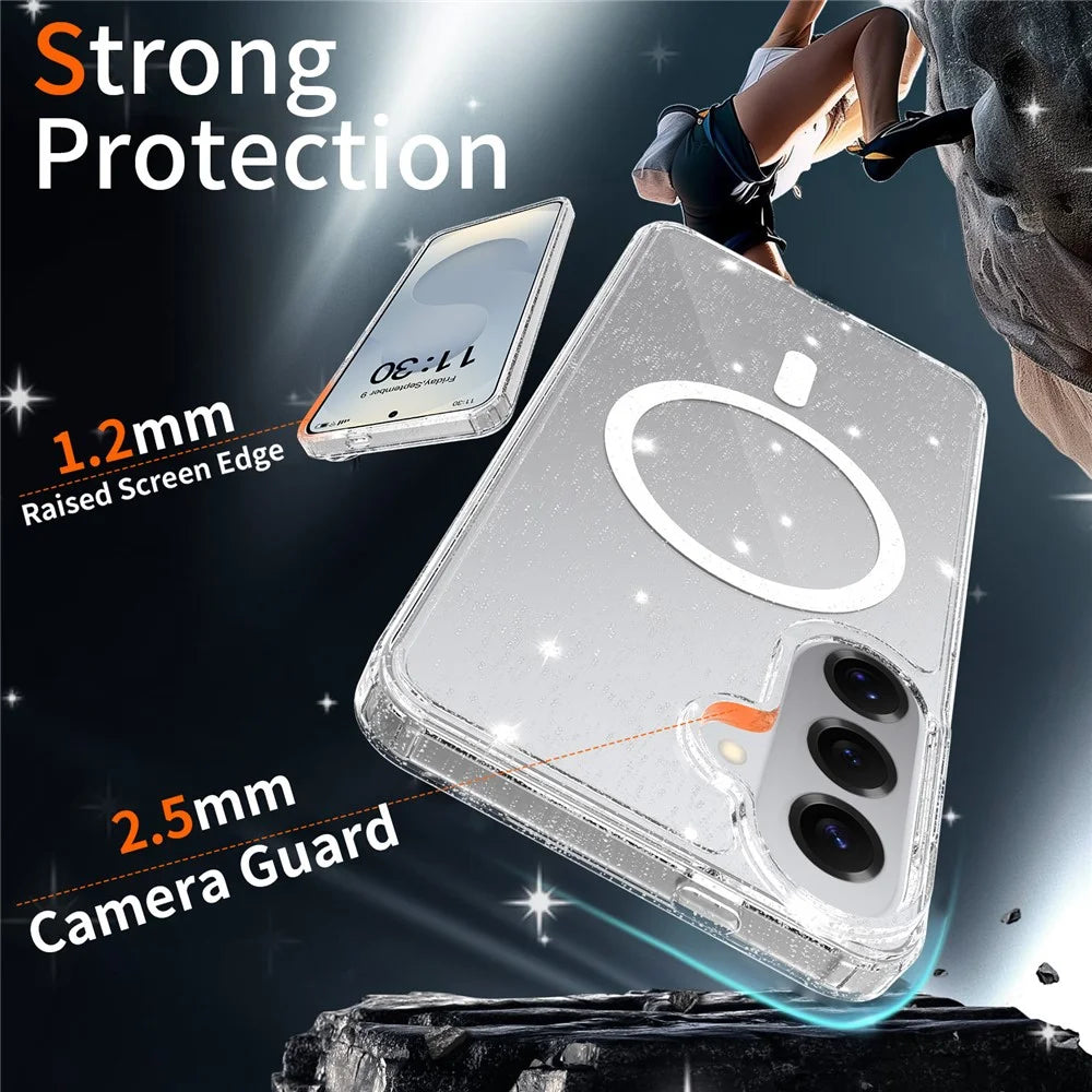 For Samsung Galaxy S26+ Magnetic Case Glitter Powder TPU Scratch-proof Phone Cover with Tempered Glass - Transparent - 5