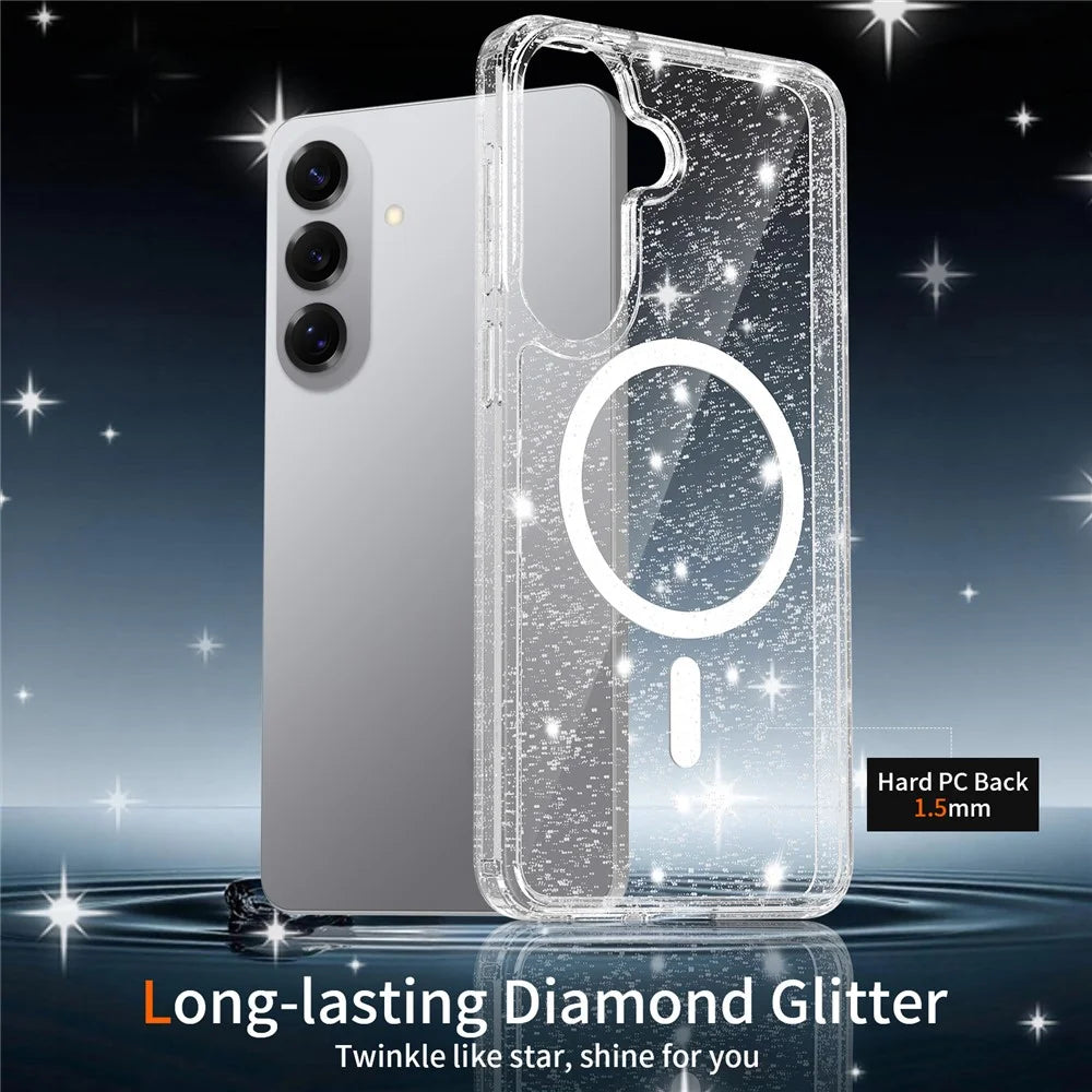 For Samsung Galaxy S26+ Magnetic Case Glitter Powder TPU Scratch-proof Phone Cover with Tempered Glass - Transparent - 6