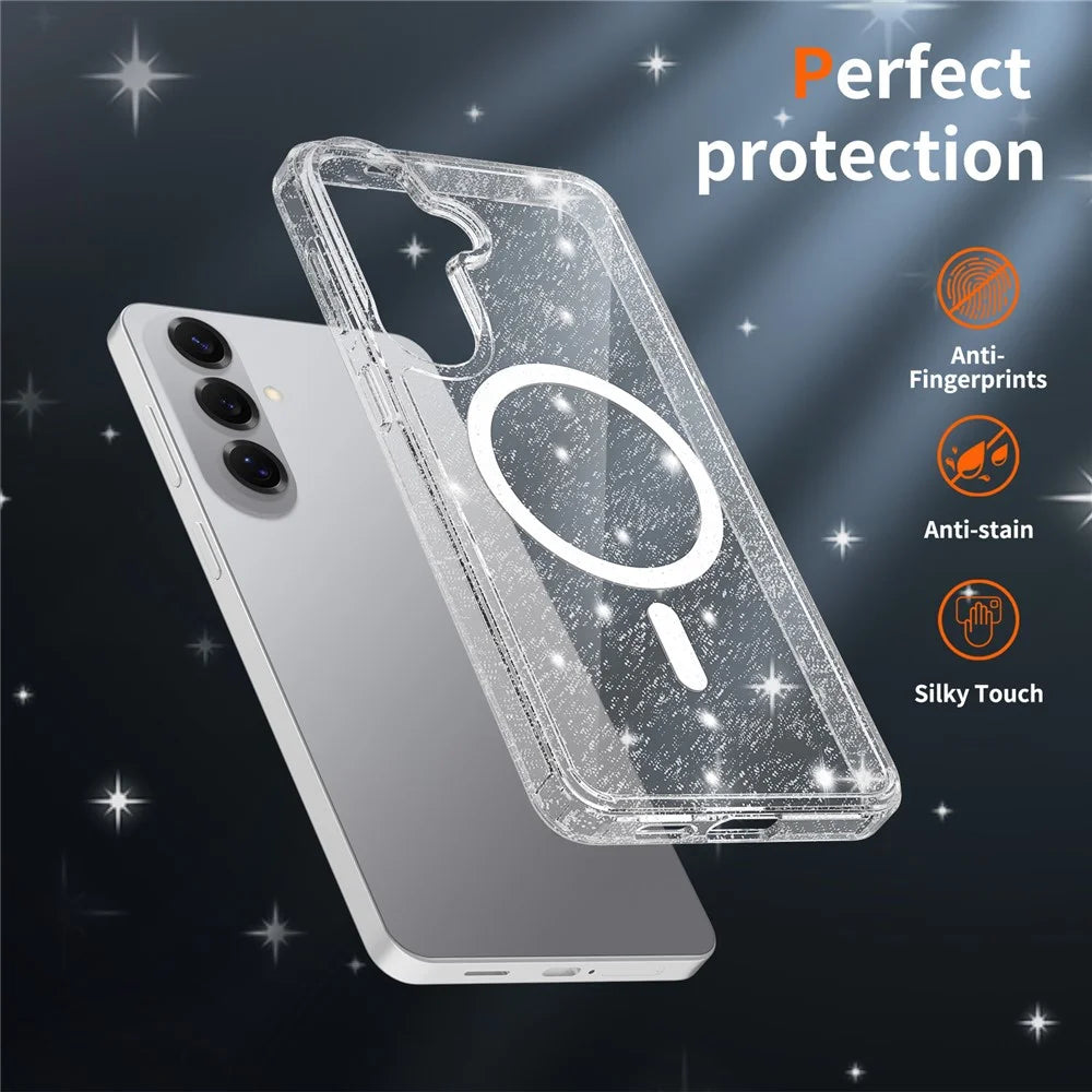For Samsung Galaxy S26+ Magnetic Case Glitter Powder TPU Scratch-proof Phone Cover with Tempered Glass - Transparent - 7