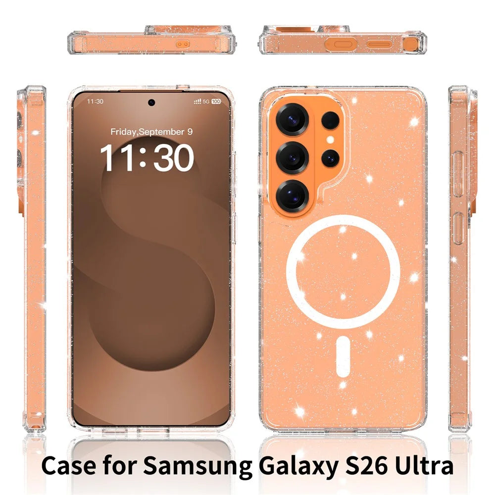 For Samsung Galaxy S26 Ultra Magnetic Case Glitter Powder TPU Scratch-proof Phone Cover with Tempered Glass  - Transparent - 3