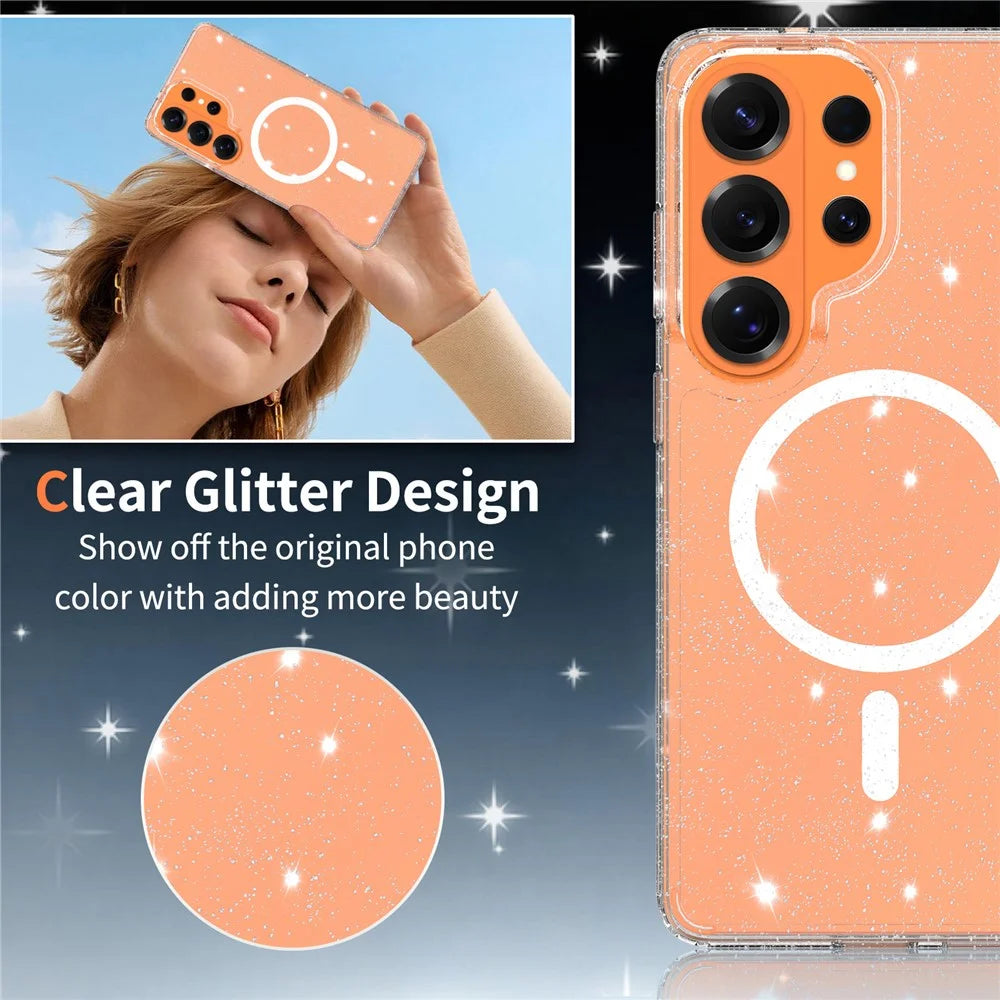 For Samsung Galaxy S26 Ultra Magnetic Case Glitter Powder TPU Scratch-proof Phone Cover with Tempered Glass  - Transparent - 4