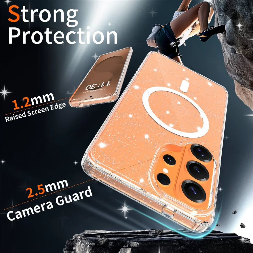 For Samsung Galaxy S26 Ultra Magnetic Case Glitter Powder TPU Scratch-proof Phone Cover with Tempered Glass  - Transparent - 5