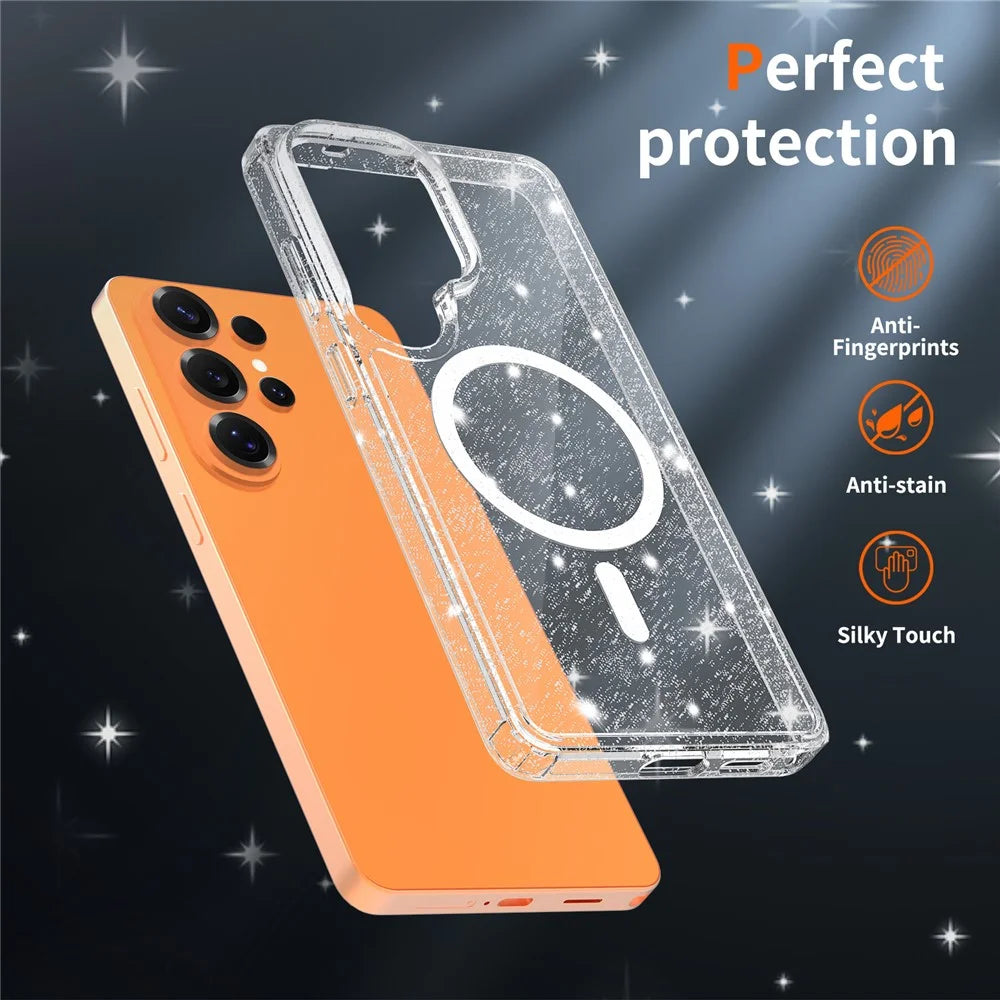 For Samsung Galaxy S26 Ultra Magnetic Case Glitter Powder TPU Scratch-proof Phone Cover with Tempered Glass  - Transparent - 7