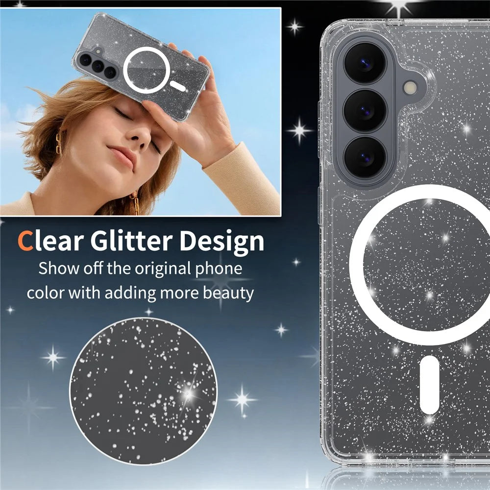 For Samsung Galaxy S26 Magnetic Case Glitter Powder TPU Scratch-proof Phone Cover with Tempered Glass - Transparent - 2