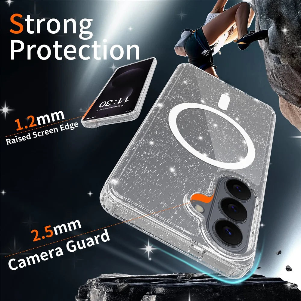 For Samsung Galaxy S26 Magnetic Case Glitter Powder TPU Scratch-proof Phone Cover with Tempered Glass - Transparent - 3