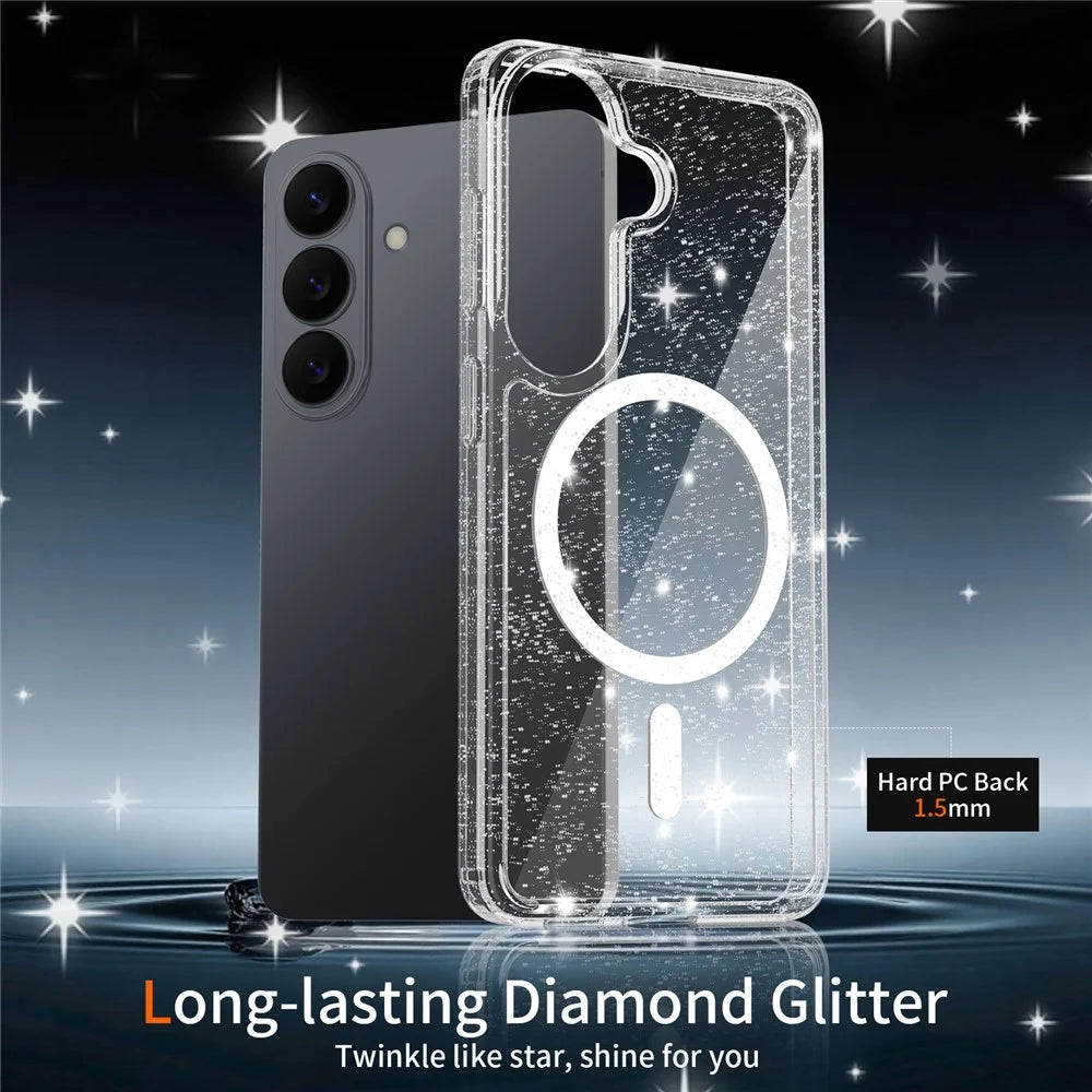 For Samsung Galaxy S26 Magnetic Case Glitter Powder TPU Scratch-proof Phone Cover with Tempered Glass - Transparent - 4
