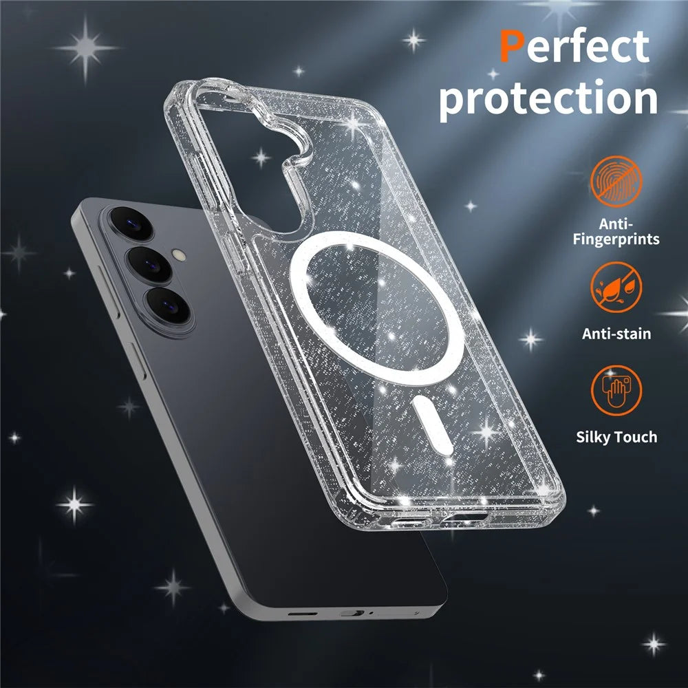 For Samsung Galaxy S26 Magnetic Case Glitter Powder TPU Scratch-proof Phone Cover with Tempered Glass - Transparent - 5