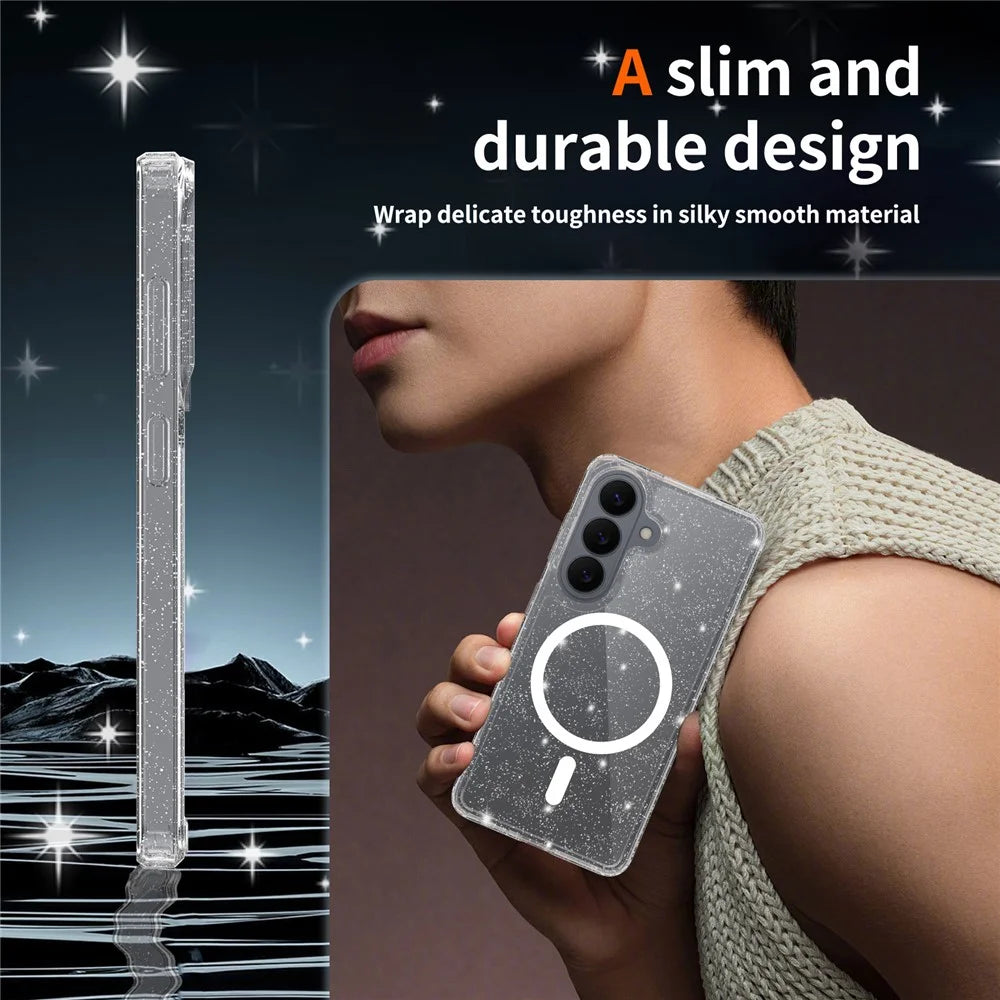 For Samsung Galaxy S26 Magnetic Case Glitter Powder TPU Scratch-proof Phone Cover with Tempered Glass - Transparent - 6