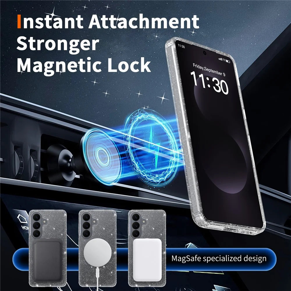 For Samsung Galaxy S26 Magnetic Case Glitter Powder TPU Scratch-proof Phone Cover with Tempered Glass - Transparent - 7