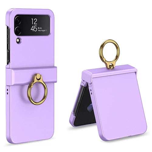 GKK For Samsung Galaxy Z Flip4 5G Hinge Protection Phone Case Hard PC Metal Ring Holder Kickstand Non-Slip Shockproof Cover - Purple - 1