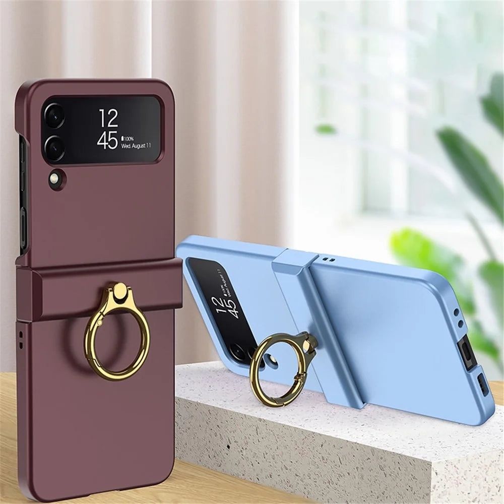 GKK For Samsung Galaxy Z Flip4 5G Hinge Protection Phone Case Hard PC Metal Ring Holder Kickstand Non-Slip Shockproof Cover - Purple - 2