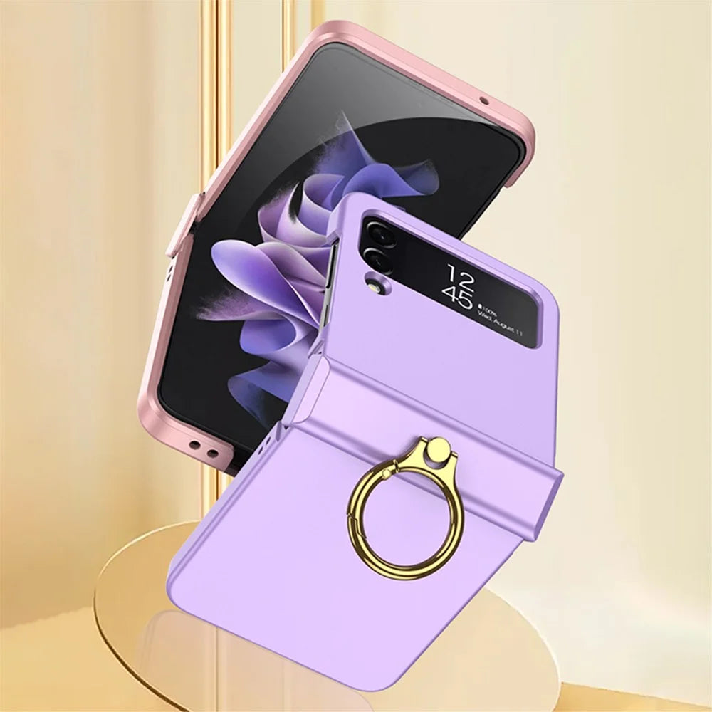 GKK For Samsung Galaxy Z Flip4 5G Hinge Protection Phone Case Hard PC Metal Ring Holder Kickstand Non-Slip Shockproof Cover - Purple - 5