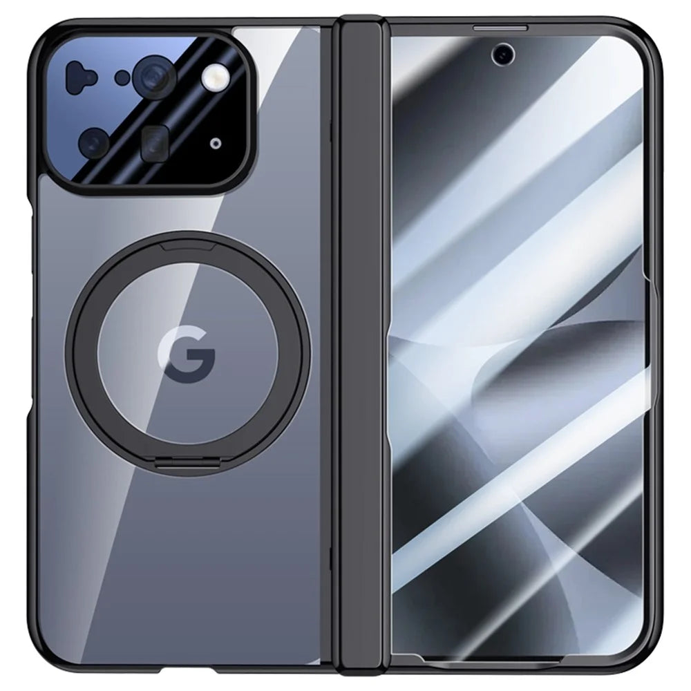For Google Pixel 10 Pro Fold Magnetic Case Kickstand Electroplated PC Phone Cover Built-In Screen Protector - Black - 1