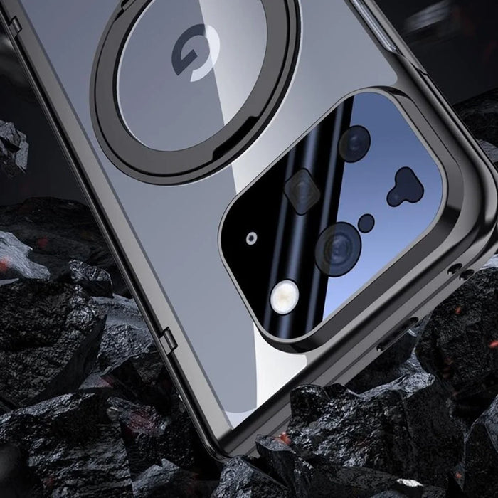 For Google Pixel 10 Pro Fold Magnetic Case Kickstand Electroplated PC Phone Cover Built-In Screen Protector - Black - 4