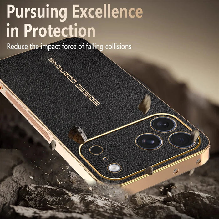 For iPhone 17 Pro Max Case Anti Scratch Litchi Texture TPU Leather PU Phone Back Cover - Black - 7