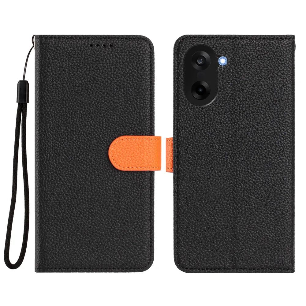 For OnePlus Ace 5 Racing 5G / OnePlus Nord CE5 5G Leather Case Detachable Wallet Magnetic Phone Cover with Hand Strap - Black / Orange - 2