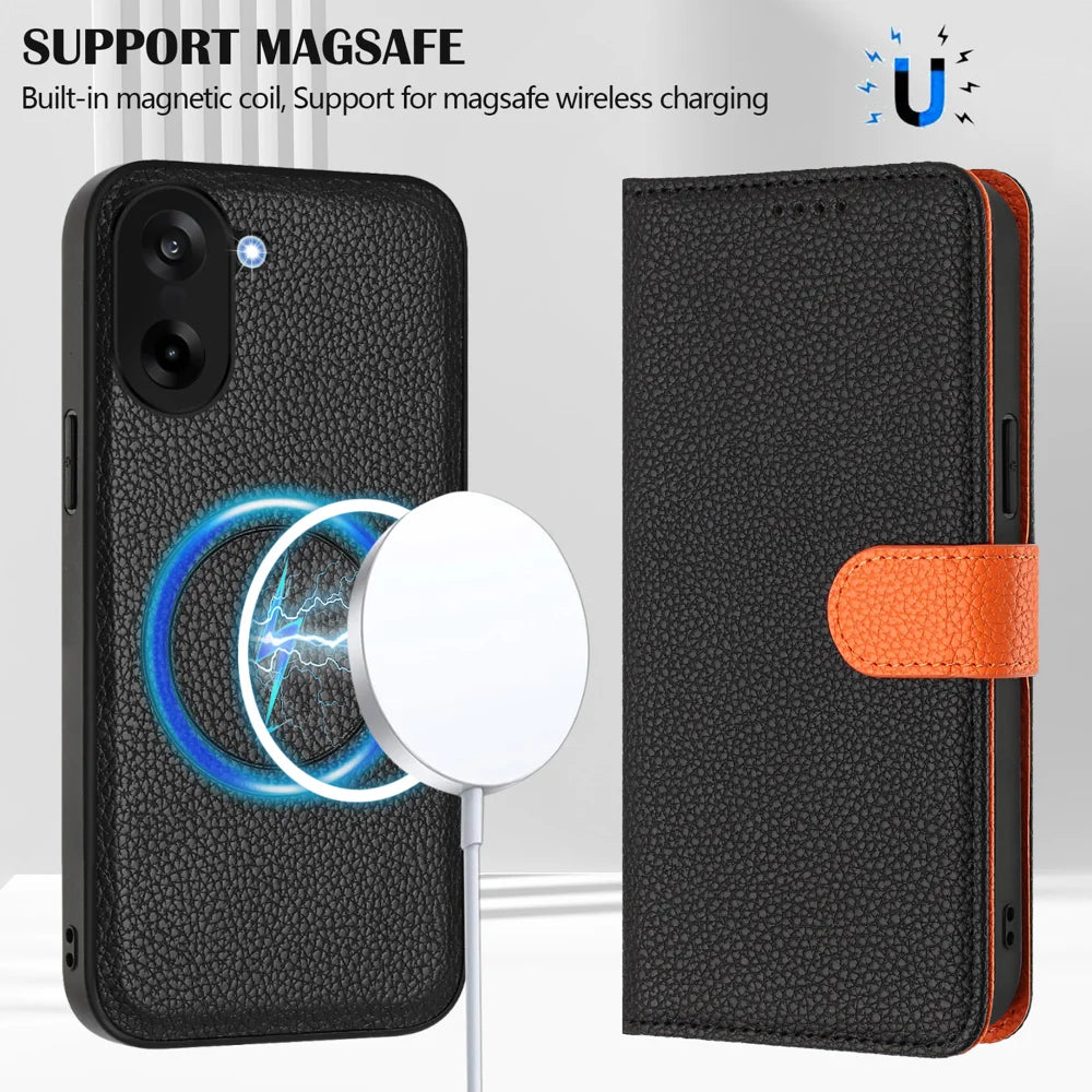 For OnePlus Ace 5 Racing 5G / OnePlus Nord CE5 5G Leather Case Detachable Wallet Magnetic Phone Cover with Hand Strap - Black / Orange - 4