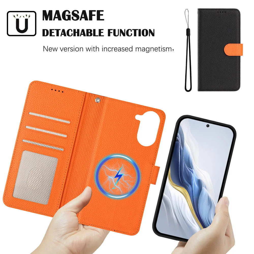 For OnePlus Ace 5 Racing 5G / OnePlus Nord CE5 5G Leather Case Detachable Wallet Magnetic Phone Cover with Hand Strap - Black / Orange - 5