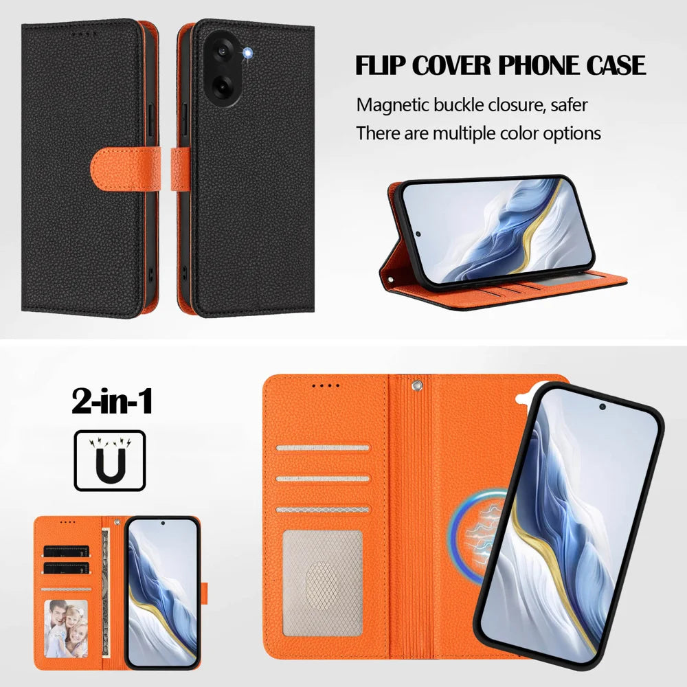 For OnePlus Ace 5 Racing 5G / OnePlus Nord CE5 5G Leather Case Detachable Wallet Magnetic Phone Cover with Hand Strap - Black / Orange - 7