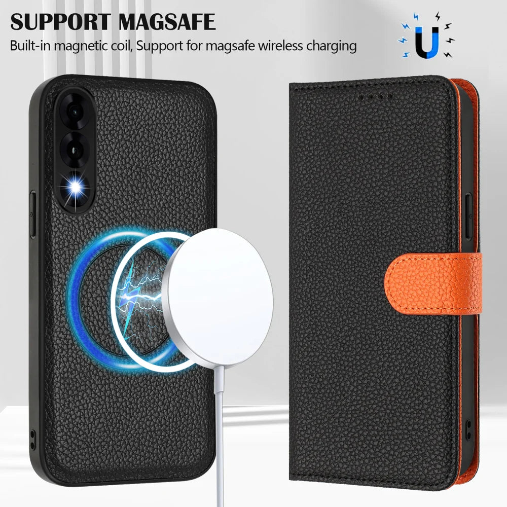 For OnePlus Ace 5 Ultra 5G / OnePlus Nord 5 5G Leather Case Detachable Wallet Magnetic Phone Cover with Hand Strap - Black / Orange - 4