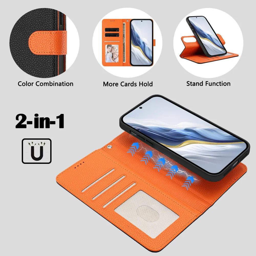 For OnePlus Ace 5 Ultra 5G / OnePlus Nord 5 5G Leather Case Detachable Wallet Magnetic Phone Cover with Hand Strap - Black / Orange - 6