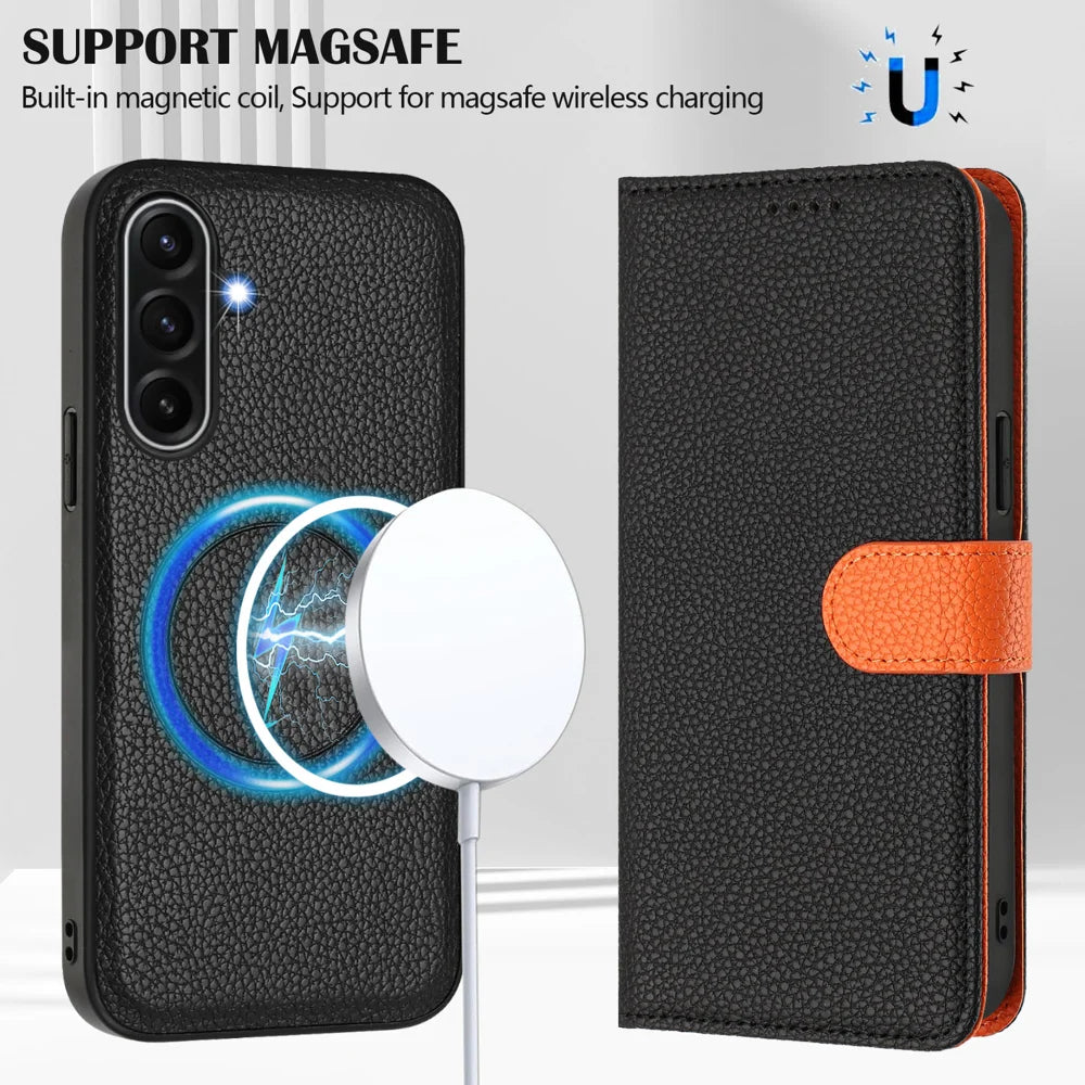 For Samsung Galaxy A18 5G / A18 4G / A17 5G / A17 4G Leather Case Detachable Wallet Magnetic Phone Cover with Hand Strap - Black / Orange - 4