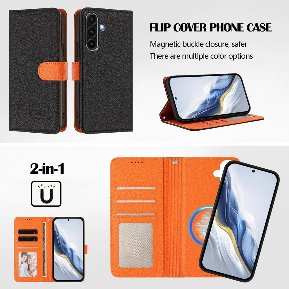 For Samsung Galaxy A18 5G / A18 4G / A17 5G / A17 4G Leather Case Detachable Wallet Magnetic Phone Cover with Hand Strap - Black / Orange - 7