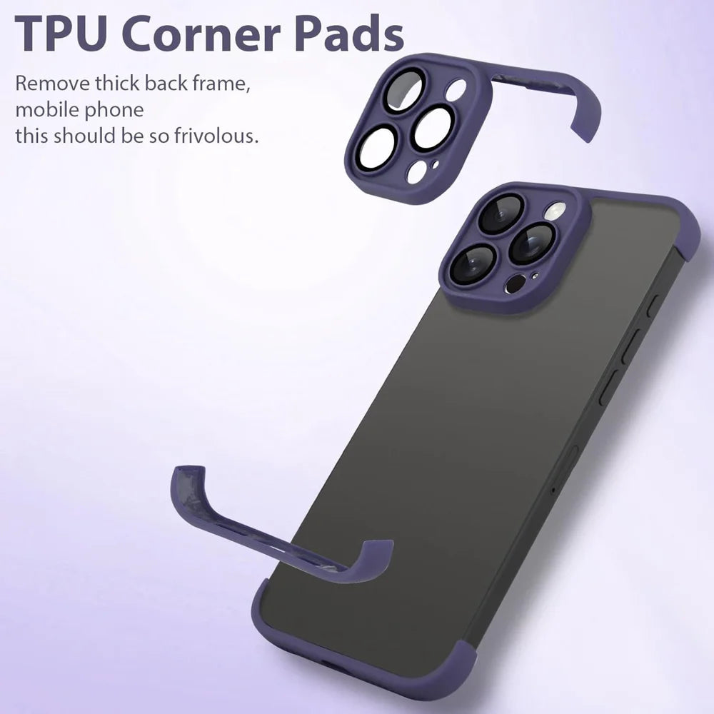 For iPhone 16 Pro Case Frameless Phone Corner Pad TPU Bumper Cover with Camera Lens Protector - Purple - 3