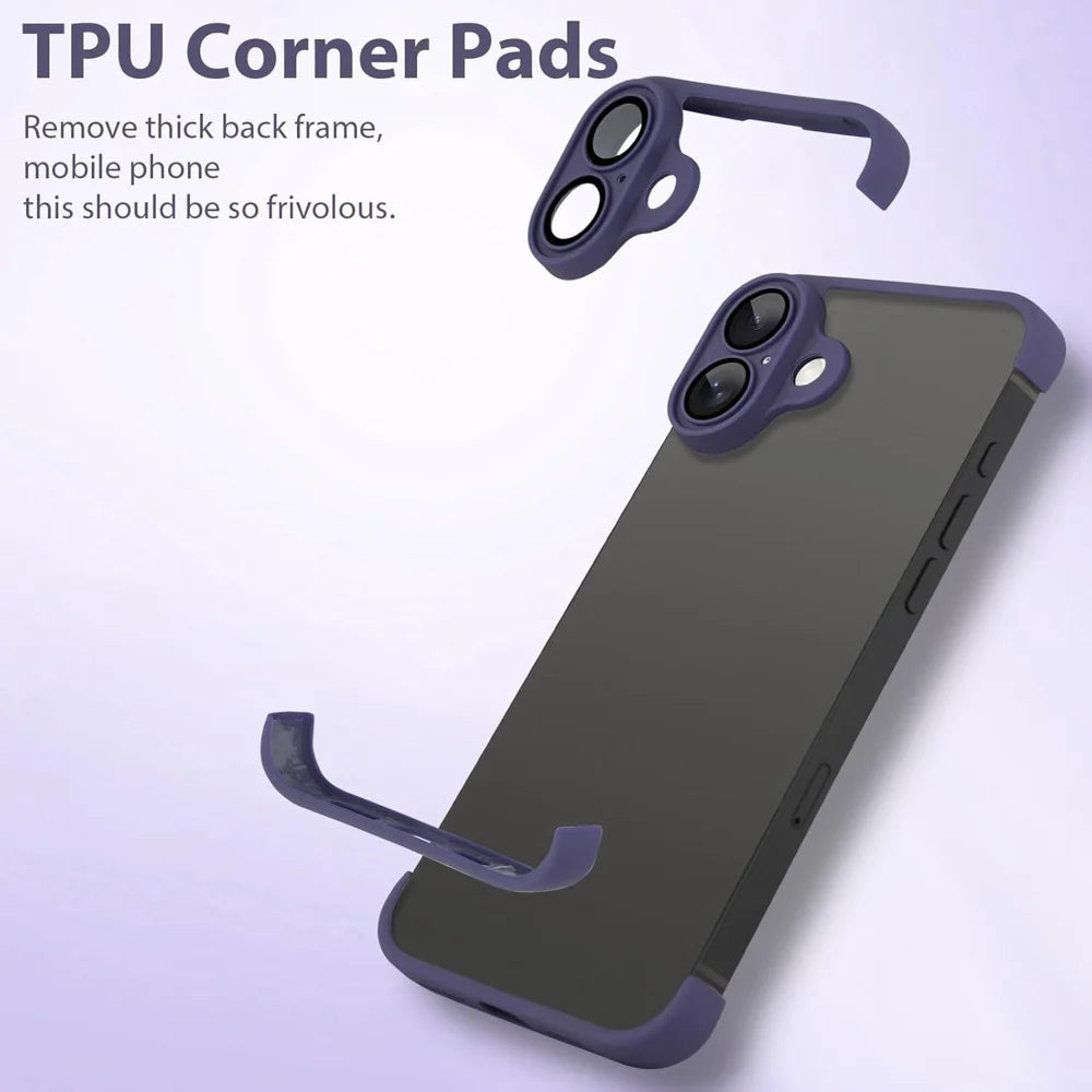 For iPhone 16 Case Frameless Phone Corner Pad TPU Bumper Cover with Camera Lens Protector - Purple - 3