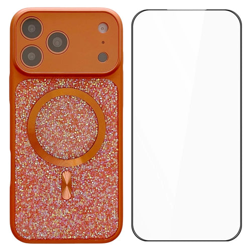 For iPhone 17 Pro Magnetic Case Rhinestone Design TPU PC Protective Phone Cover with Tempered Glass Compatible with MagSafe - Orange - 1