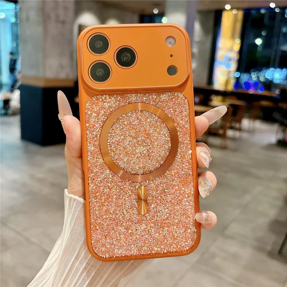For iPhone 17 Pro Magnetic Case Rhinestone Design TPU PC Protective Phone Cover with Tempered Glass Compatible with MagSafe - Orange - 2