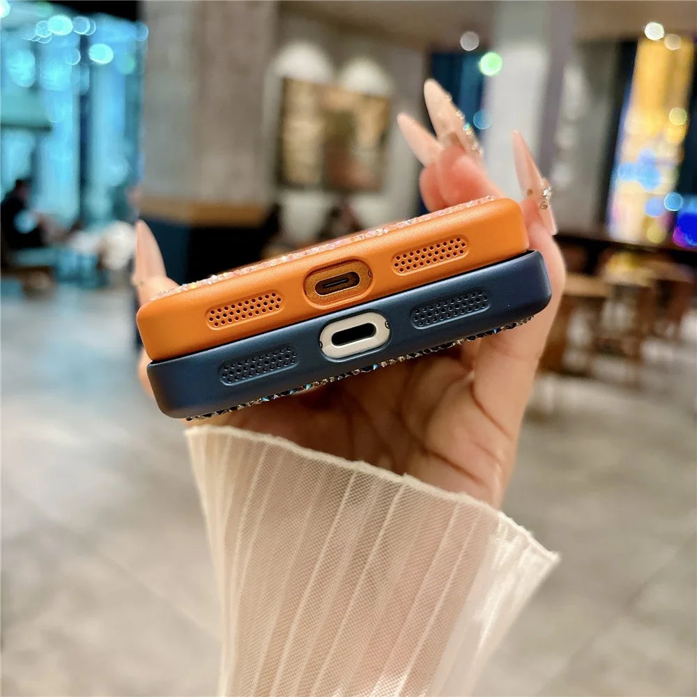 For iPhone 17 Pro Magnetic Case Rhinestone Design TPU PC Protective Phone Cover with Tempered Glass Compatible with MagSafe - Orange - 7