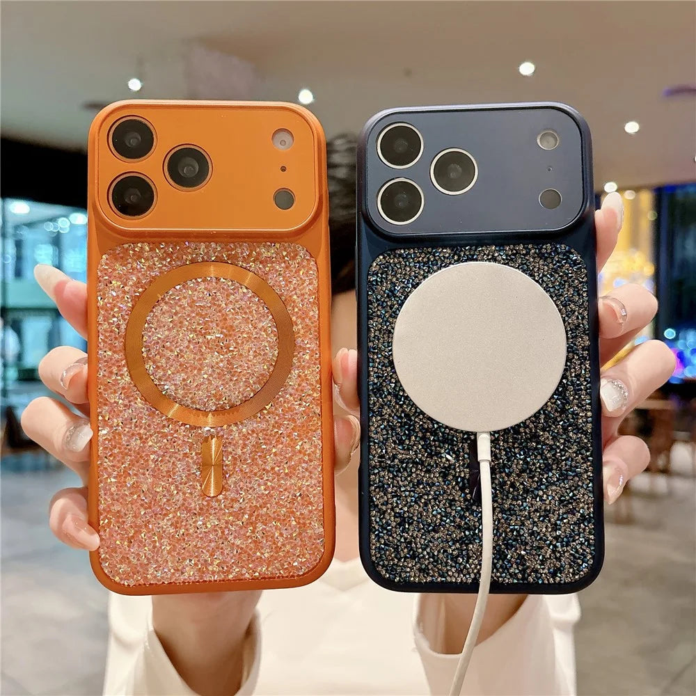 For iPhone 17 Pro Max Magnetic Case Rhinestone Design TPU PC Protective Phone Cover with Tempered Glass Compatible with MagSafe - Orange - 3