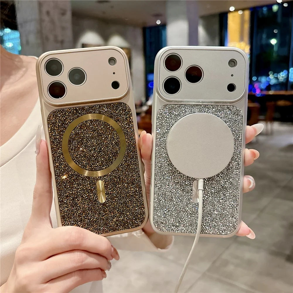 For iPhone 17 Pro Max Magnetic Case Rhinestone Design TPU PC Protective Phone Cover with Tempered Glass Compatible with MagSafe - Orange - 4
