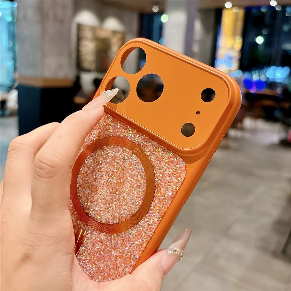 For iPhone 17 Pro Max Magnetic Case Rhinestone Design TPU PC Protective Phone Cover with Tempered Glass Compatible with MagSafe - Orange - 5