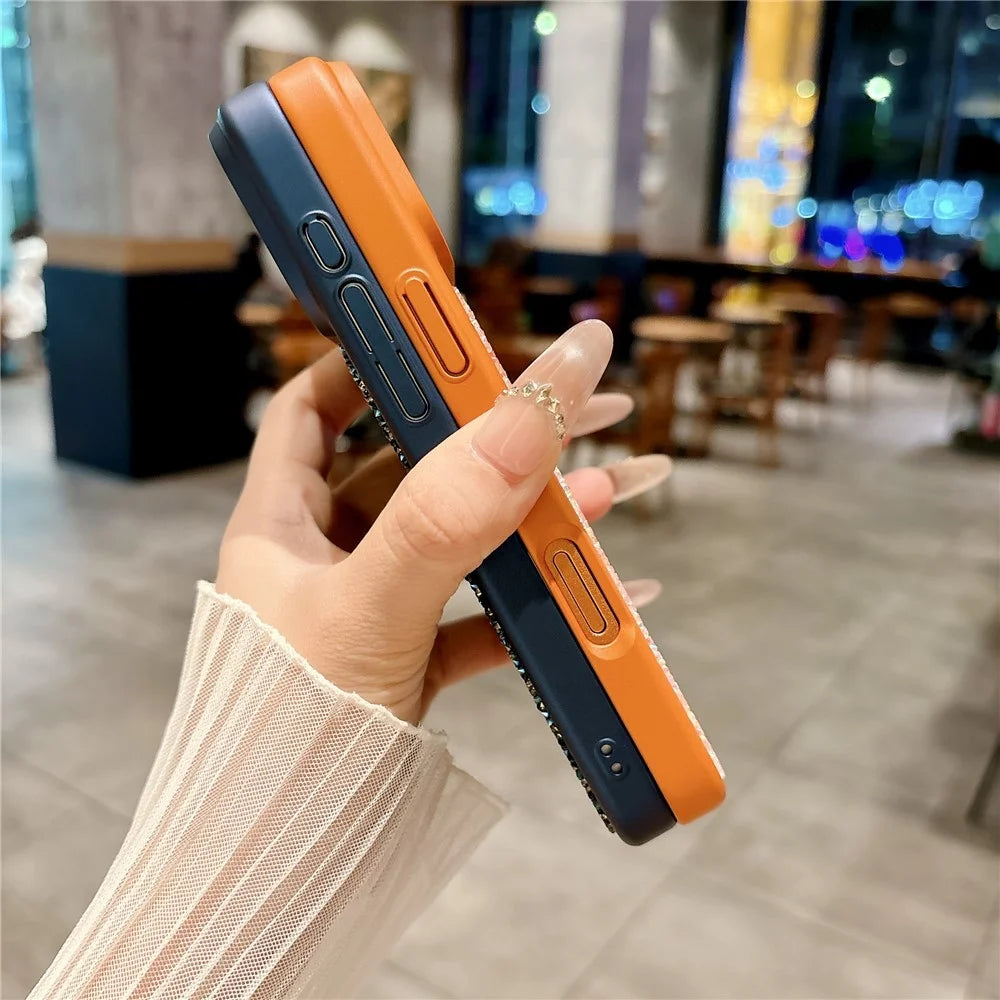 For iPhone 17 Pro Max Magnetic Case Rhinestone Design TPU PC Protective Phone Cover with Tempered Glass Compatible with MagSafe - Orange - 6