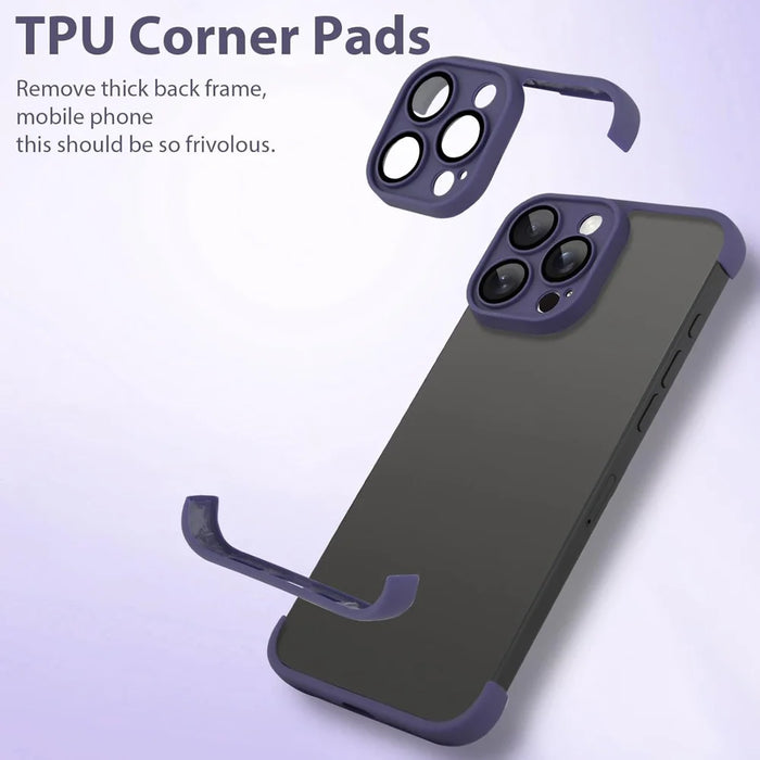 For iPhone 15 Pro Case Frameless Phone Corner Pad TPU Bumper Cover with Camera Lens Protector - Purple - 3