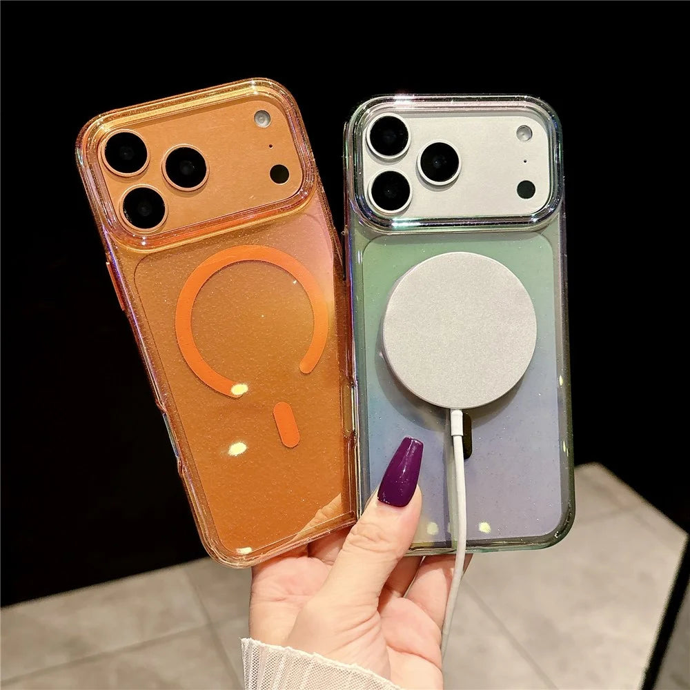 For iPhone 17 Pro Max Magnetic Case Dazzling PC Shockproof Phone Cover with Tempered Glass Compatible with MagSafe - Transparent Orange - 5