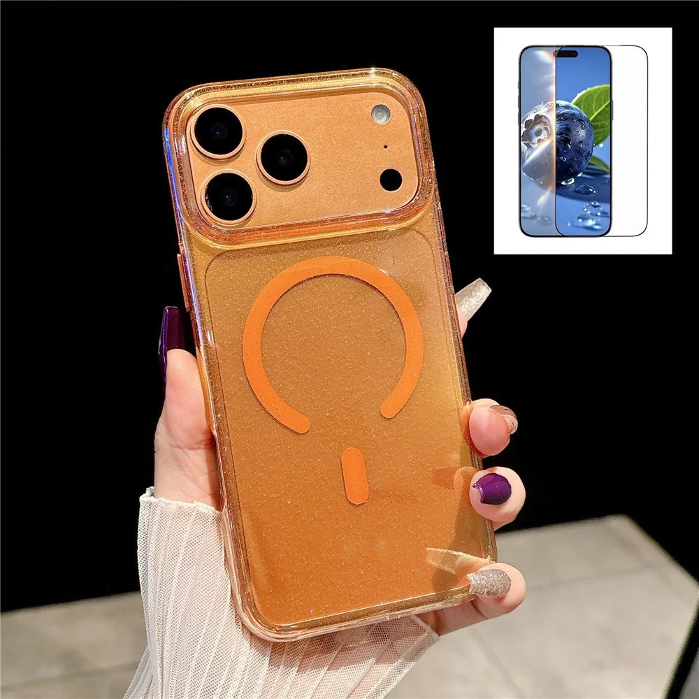 For iPhone 17 Pro Magnetic Case Dazzling PC Shockproof Phone Cover with Tempered Glass Compatible with MagSafe - Transparent Orange - 1