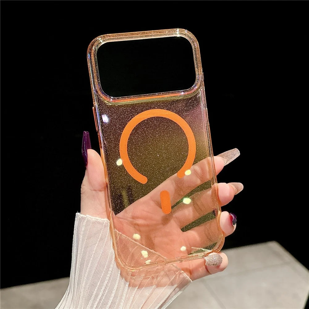 For iPhone 17 Pro Magnetic Case Dazzling PC Shockproof Phone Cover with Tempered Glass Compatible with MagSafe - Transparent Orange - 2