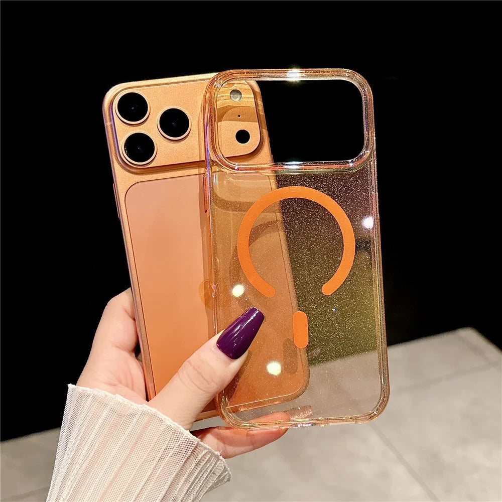 For iPhone 17 Pro Magnetic Case Dazzling PC Shockproof Phone Cover with Tempered Glass Compatible with MagSafe - Transparent Orange - 3
