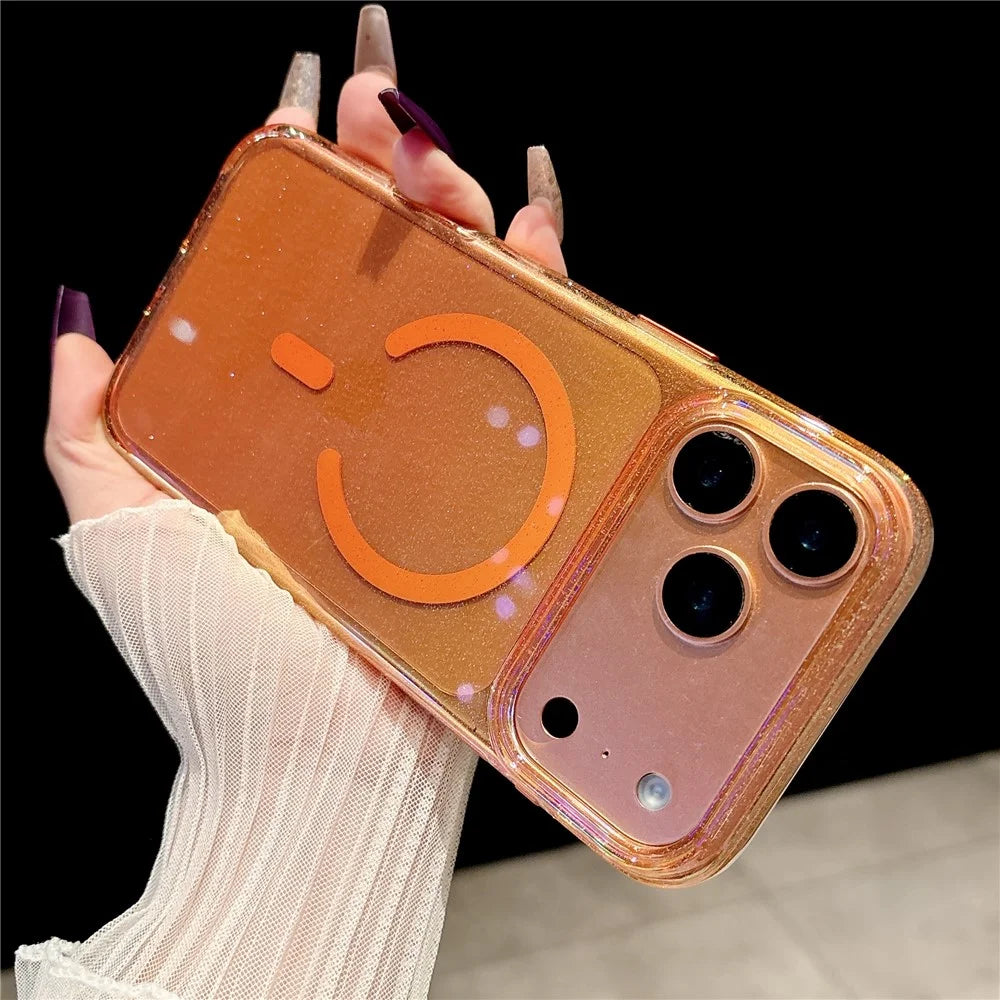 For iPhone 17 Pro Magnetic Case Dazzling PC Shockproof Phone Cover with Tempered Glass Compatible with MagSafe - Transparent Orange - 4