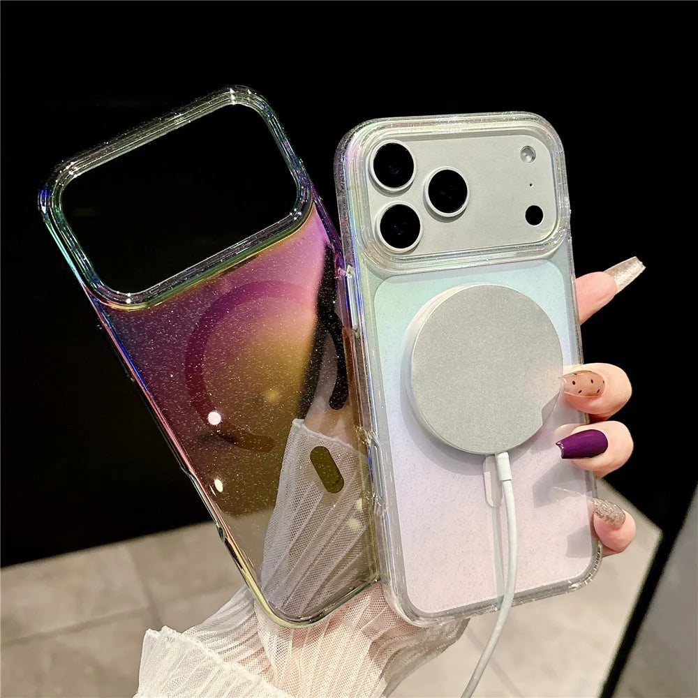 For iPhone 17 Pro Magnetic Case Dazzling PC Shockproof Phone Cover with Tempered Glass Compatible with MagSafe - Transparent Orange - 6