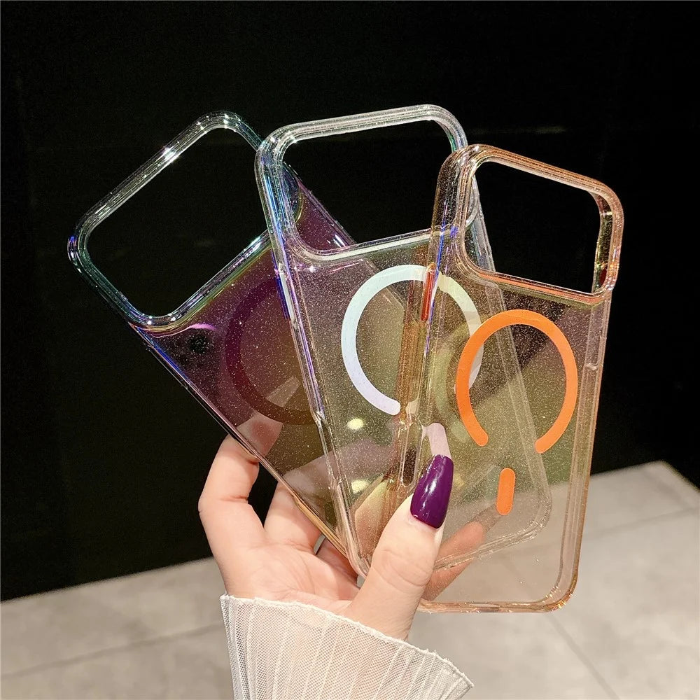 For iPhone 17 Pro Magnetic Case Dazzling PC Shockproof Phone Cover with Tempered Glass Compatible with MagSafe - Transparent Orange - 7