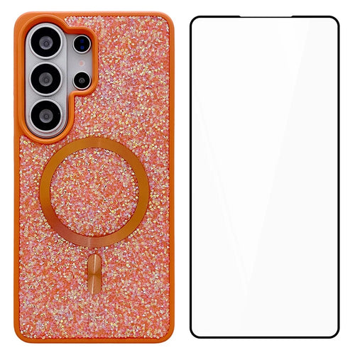 For Samsung Galaxy S26 Ultra Magnetic Case Skin-feel Rhinestone Design TPU PC Shockproof Phone Cover with Tempered Glass - Orange - 1